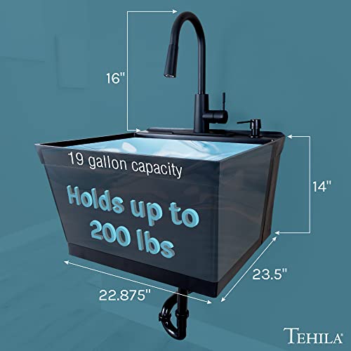 JS Jackson Supplies Tehila Black Wall-Mounted Utility Sink Tub Kit with Black Pull-Down Faucet, Wall-Mounted Utility Tub with Wall Bracket for Laundry Room, Garage, Workshop