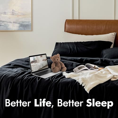 FOSSA Duvet Cover Set, 100% Washed Cotton Linen Feel Super Soft Breathable Cozy Simple Style 3 Pieces Bedding Sets Solid Off White California King