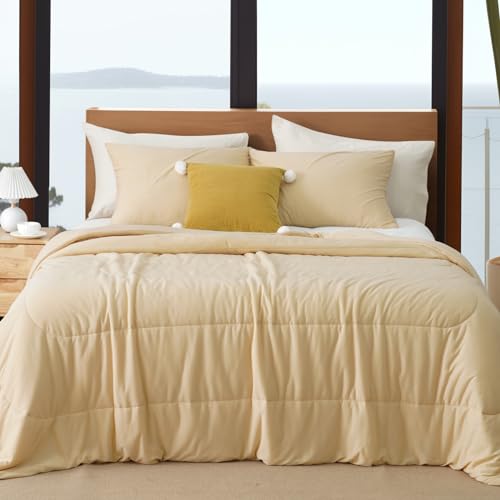 PHF Cooling Comforter Set Queen Size, 3PCS Soft Breathable Lightweight Summer Bedding Set for Hot Sleepers, Silk Smooth Double-Side Cooling Bed Set with 1 Comforter and 2 Pillowcases, Beige