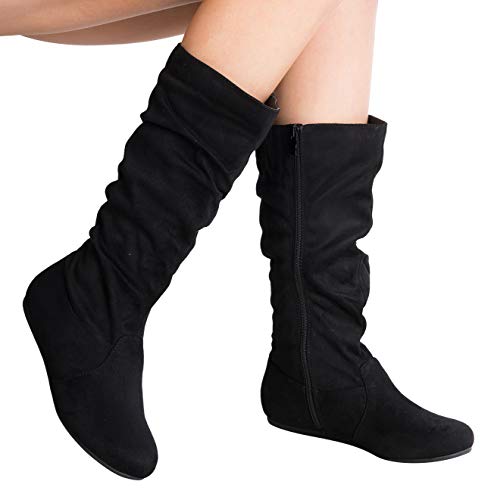 Olivia K Womens Low Heel Mid-Calf Slouchy Suede Slip On Casual Boots with Side Zipper