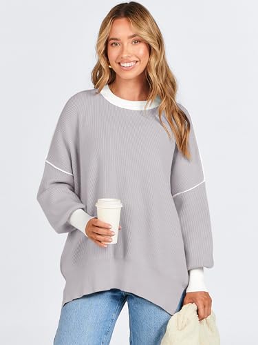ANRABESS Womens Oversized Sweaters Fall 2025 Fashion Crewneck Batwing Long Sleeve Side Slit Knit Pullover Sweater Tops Wave Brown-M