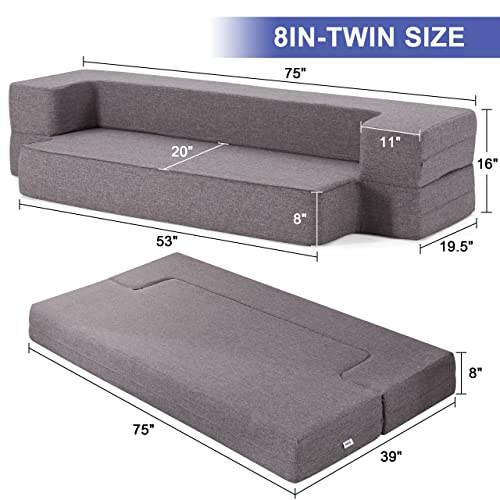 Lazyzizi Floor Sofa Bed, Convertible Sleeper Lounge Couch Folding Mattress with 2 Pillows & Washable Cover for Living Room, Guest, Playroom 8inches Twin