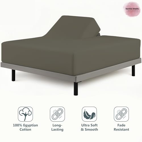 MyGiza Sheets 4 Pcs Top Split King Sheet Sets for Adjustable Bed, 100% Giza Cotton Perfect for Sleep Number Beds, King 34" Down Flex Head, Fits 16" Deep Mattress, Dark Grey Solid