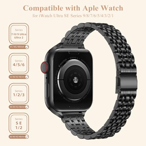 Lerobo Stylish Slim Metal Band Compatible for Apple Watch Bands 44mm 45mm 46mm 49mm 42mm(Series 3/2/1 for Women Dressy Stainless Steel Wristband for iWatch Ultra Series 10 9 8 7 6 5 4 3 2 1 SE,Black