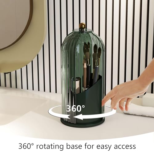 Emljkvp Makeup Brush Holder with Dustproof Cover 360 Rotating Makeup Brush Organizer for Vanity Bathroom, All Green