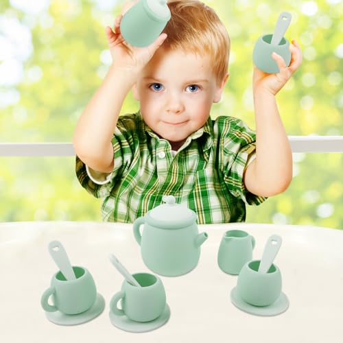 MCGMITT Silicone Tea Set, Tea Party Set for Little Girls Boys, 15 Pcs BPA Free Dishwasher Safe Pretend Tea Set for Toddlers Kids Age 3-6, Cute Toy Kitchen Accessories for Children Birthday Gifts