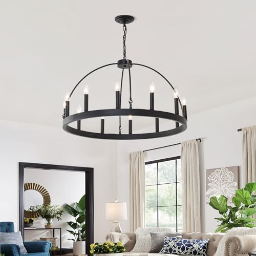 HHR Black and Gold Wagon Wheel Chandelier 12-Light 32 Inch, Extra Large Round Rustic Candle Pendant Light Fixture for High Ceilings, Dining Room Living Room Farmhouse Foyer Entryway