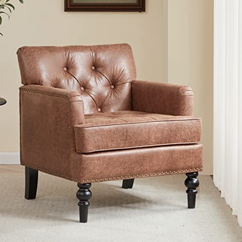 Iroomy Accent Chair for Living Room, Mid Century Modern Armchair with Thick Cushion and Wood Frame, Comfy Reading Sofa Chair for Bedroom, Brown