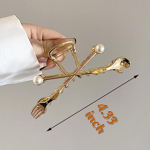 Forks Spoons Hair Clips with Pearl Gold Metal Hair Claw Clips for Women Girls Creative Forks and Spoons Hair Accessories Shiny Elegant Hairpins Strong Hold Nonslip Hair Clip Goddess Look 1 Pcs