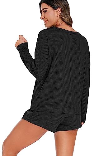 PrinStory Womens Waffle Knit Pajama Sets Long Sleeve Lounge Sets Loungewear Sweatsuit with Pockets Navy Blue