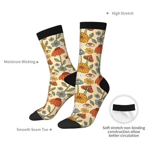 JKJOJIA 70s Retro Floral Mushroom Novelty Socks For Men Women, Funny Crazy Crew Socks Casual Dress Socks Gifts