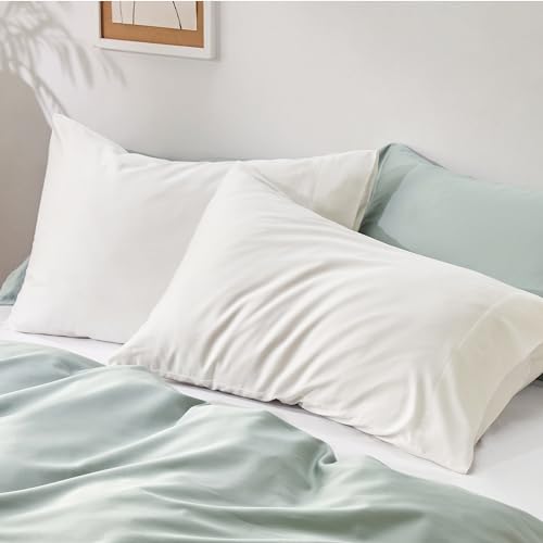Bedsure Cooling Pillow Cases 2 Pack, Silky Pillowcases for Hair and Skin, Ultra Soft and Breathable Lyocell Cotton Pillowcases with Envelope Closure, White, 20x30 Inches