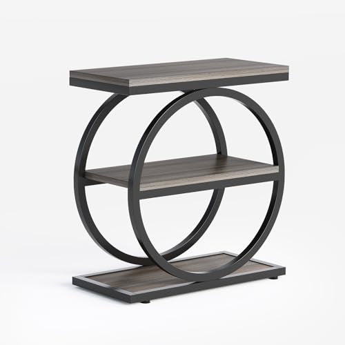 LITTLE TREE End Table, 3-Tier Side Table, Slim Sofa Side Table for Living Room, Tall Bedside Table Nightstand for Bedroom, Grey and Black