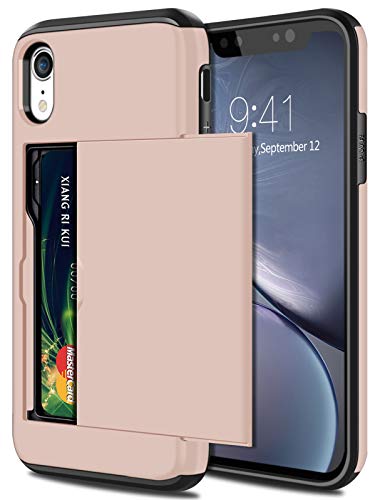 SAMONPOW Wallet Case for iPhone XR Case with Card Holder Protective Case Dual Layer Shockproof Hard PC Soft Hybrid Rubber Anti Scratch Case for iPhone XR 6.1 inch Light Pink