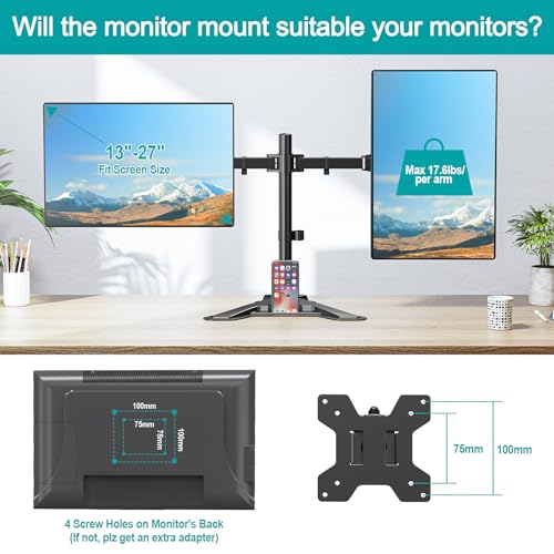 MOUNT PRO Dual Monitor Stand, Free-Standing Full Motion Monitor Desk Mount Fits 2 Screens up to 27 inches,17.6lbs with Height Adjustable, Swivel, Tilt, Rotation, VESA 75x75 100x100, Black