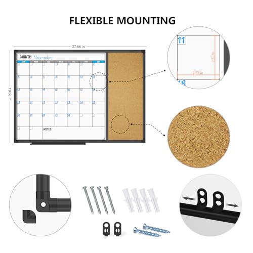 XBoard Dry Erase Calendar Whiteboard 28 X 20 - Combo White Board Calendar Monthly, Magnetic White Board + Corkboard with Black Aluminum Frame