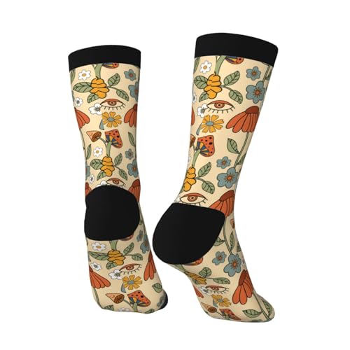 JKJOJIA 70s Retro Floral Mushroom Novelty Socks For Men Women, Funny Crazy Crew Socks Casual Dress Socks Gifts