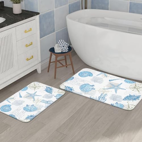 Likiyol 3 Pcs Nautical Beach Shower Curtain Sets with Rugs, Coastal Bathroom Set with Shower Curtain and Rugs, Ocean Bathroom Rug Set, 15.7'' x 23.6'' & 19.6'' x 31.5'' Rug for Brhroom, Kitchen