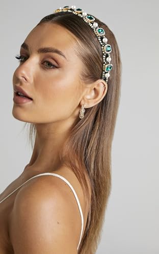 Huachi Rhinestone Baroque Crystal Pearl Wide Headband for Women - Elastic Glitter Green Jeweled Bridal Luxury Hairband