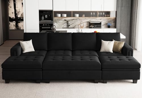 Belffin Velvet Convertible 4-Seat Sectional Sleeper Sofa with Reversible Chaise Sleeper Sectional Couch Bed with Storage Ottoman Sectional Sofa Couch Set Black