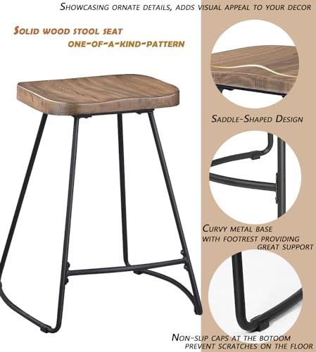 JUBILOOM Bar Stools, 24 Inch Kitchen Counter Height Stools with Metal Leg, Bar Chairs with Wood Saddle Seat, Industrial Backless Stools for Kitchen Island, Dark Brown Seat, Black Metal, 624PBR1