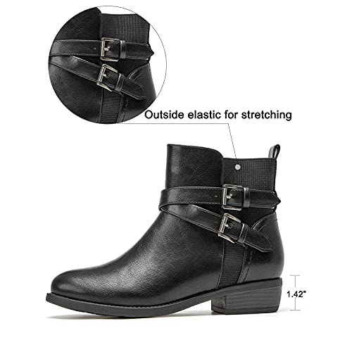 VJH confort Women's Ankle Boots,Round Toe Low Heel Comfort Elastic Booties with Side Zipper Buckle Strap (brown,10)