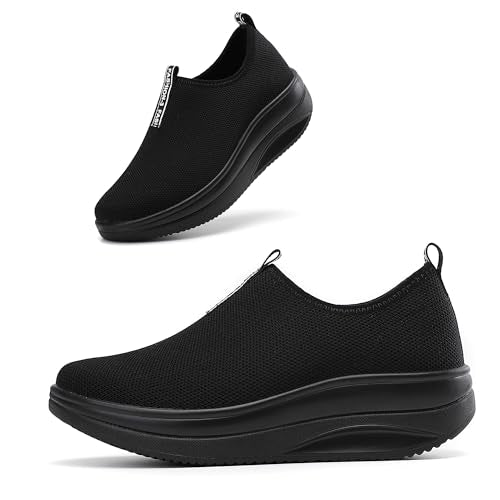 Oude All Black Wedge Sneakers for Women Support | Womens Workout Shoes Comfy | Womans Loafers Walking On Air | Thick Rocking Bottom Size 6