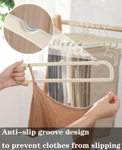 Pants Hangers Non Slip - 20 Pack Velvet Hangers for Closet - Thin Space Saving Clothes Hanger - Strong, Durable, Jean Hangers with 360 Degree Rotatable Hook, Tank Top Hangers for Bra, Shorts (Beige)