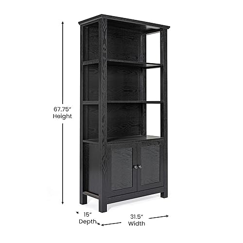 Flash Furniture Stella Modern Farmhouse Wooden Bookcase and Storage Cabinet with Tempered Glass Doors and 3 Upper Shelves, Set of 1, Black