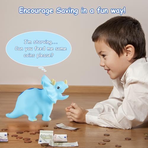 PJDRLLC Dinosaur Piggy Bank for Kids, Unbreakable Plastic Money Coin Bank for Boys and Girls, Great Gifts for Birthday, Easter, Christmas (Blue)