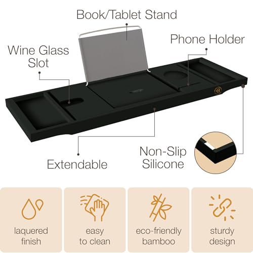 Bambüsi Bathtub Tray Table - Collapsible & Adjustable Bathtub Caddy - Space-Saving Folding Bath Tub Tray - Wood Bathtub Accessories - Unique Valentines Day Gifts for Women or Men (Black Bamboo)