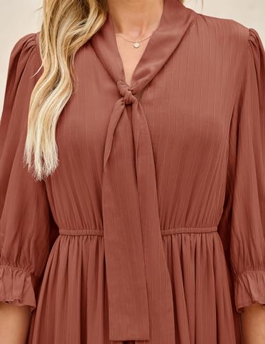 ZESICA Women's Casual Half Sleeve Tie V Neck Elastic High Waist Solid Color Flowy Tiered A Line Beach Party Maxi Dress,Apricot,Small