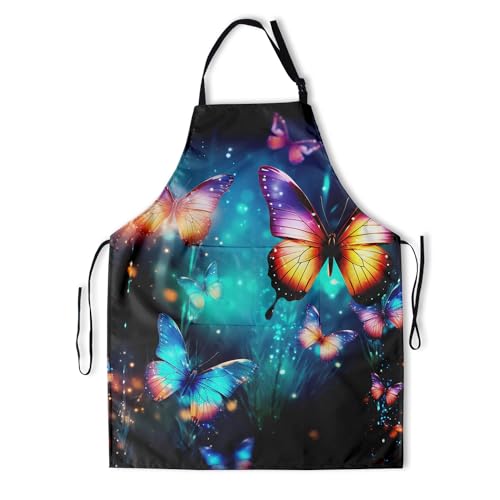 Abstract Butterflies Apron with Pockets - Butterfly Art Apron Galaxy Animal Painting Bib Apron for Kitchen Cooking Chef Grill Bistro Baking BBQ
