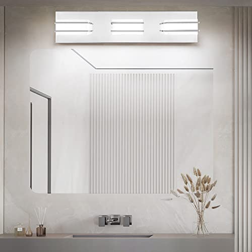 3 Color Temperature Dimmable Bathroom Light Fixtures over Mirror, LED Chrome 3 Light Vanity Lighting Fixtures, Acrylic Stainless Steel Square Shade Vanity Lights for Bathroom, ETL Certificated