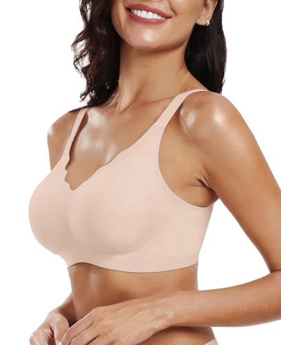 OEAK Womens Comfortable Bra Wireless Bra Push Up Bralettes Soft Seamless Brassiere with Support V Neck Scalloped Everyday Bra Black S