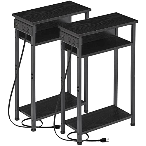 AMHANCIBLE Narrow Side Table Set of 2 with Charging Station, Small End Tables for Small Spaces, 3-Tier Skinny Side Table, Narrow End Table with USB Ports, Narrow Nightstand Set 2, Black, HETN03BK