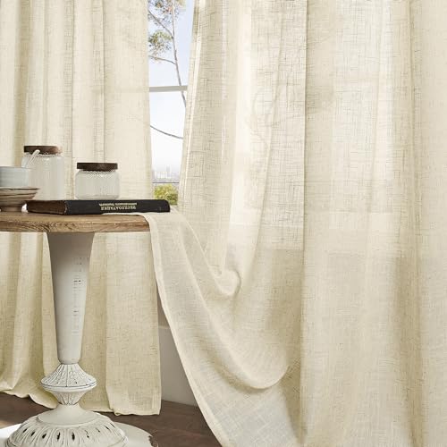LAMIT Grey Linen Curtains 95 inch for Living Room, Semi Sheer Light Filtering Boho Window Textured Burlap Drapes with Bronze Grommet for Bedroom Farmhouse, 2 Panels Set, 52 x 95 Inch
