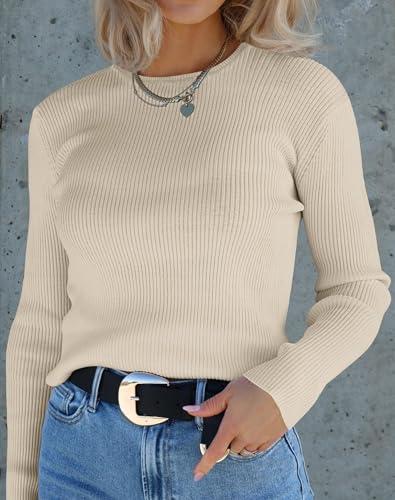 ZESICA Women's Long Sleeve Crewneck Shirts 2024 Fall Knit Sweater Slim Fitted Casual Basic Tee Tops,Rose,XSmall