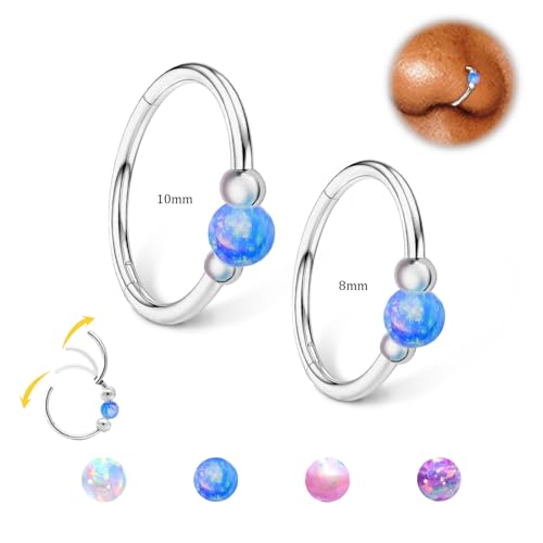 Thiswhyimbeauty 2PCS 18g Opal Nose Rings for Women Nose Hoops 8mm/10mm 316L Surgical Steel Nose Rings Piercing Jewelry Can Be Used as a Nose Ring, Septum Ring, and Cartilage Earring (Gold-Blud opal)