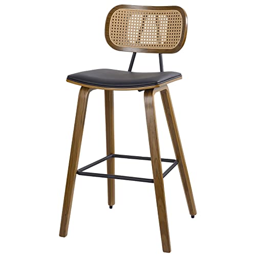 Counter Height Bar Stools, Mid Century Modern Rattan Counter Stools, 26" Wood Kitchen Stool PU Leather Upholstered Barstool with Rattan Back, Counter Height Island Dining Bar Chair, Black