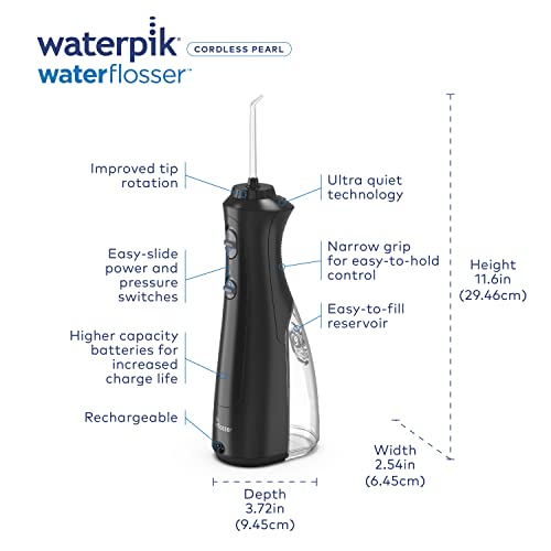 Waterpik Cordless Pearl Rechargeable Portable Water Flosser for Teeth, Gums, Braces Care and Travel with 4 Flossing Tips - ADA Accepted, WF-13 Black, Packaging May Vary