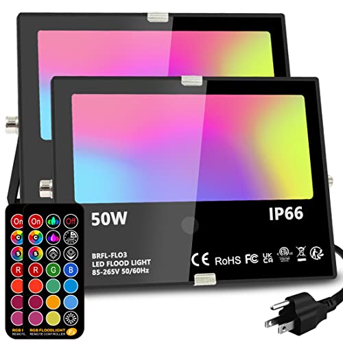 MELPO Led Flood Light Outdoor, 50W RGB Color Changing Landscape Lighting with Remote, Timing - 12 Colors - 4 Modes, IP66 Waterproof, US 3-Plug, (Pack of 2)