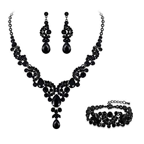 EVER FAITH Bridal Austrian Crystal Jewelry Set Art Deco Vintage Costume Floral Teardrop Necklace Earrings Bracelet for Woman Light Purple Silver-Tone