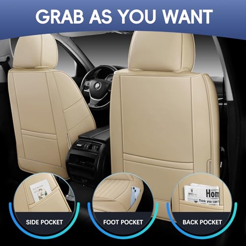 GEEYONTEK Car Seat Covers Front Set, Leather Seat Covers Front and Rear 2pcs Seats with Headrest Pillow, Airbag Compatible, Universal Seat Protectors Suitable for Most SUV Trucks Pick-up(Beige)