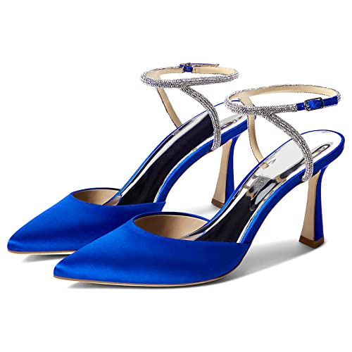 Coutgo Women Rhinestone Heels Kitten High Satin Pumps Pointed Toe Sparkly Sexy Wedding Dress Shoes Apricot