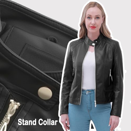 Women's Trendy Faux Leather Jacket Moto Short Jacket Fashion PU Jacket Coat (S, Black)