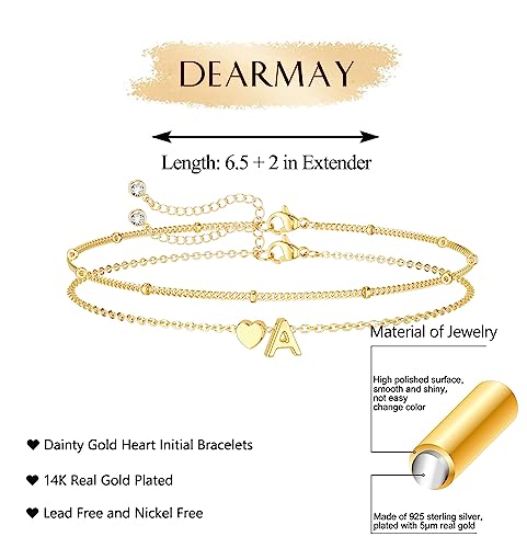 DEARMAY Dainty Initial Heart Gold Bracelets for Women Trendy, 14K Real Gold Letter Charm Bracelet Jewelry Cute Simple Fashion Chain Bracelets for Women Gift L