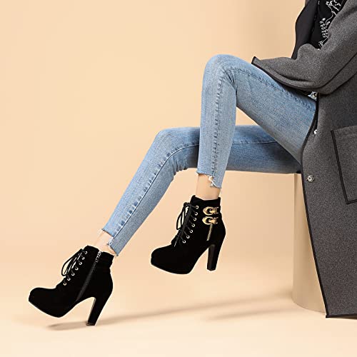 Susanny Womens Black Platform High Heel Boots Vintage Lace up Round Toe Suede Block Heeled Short Ankle Booties 12