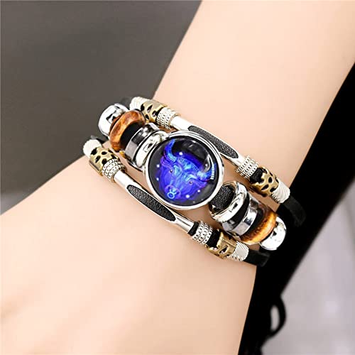 Constellation Zodiac Capricorn Bracelet Handmade Woven Multilayer Zodiac Sign Leather Wrap Bracelet Wristband for Women Men Jewelry Gift 2Pcs Set