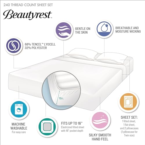 Beautyrest Twin Sheets Set Tencel Poly Blend, Cool Twin Bed Sheet Set, Colorfast, Moisture Wicking, Twin Size Sheet Set Silky Soft Gentle on Skin, Deep Pocket Fits up to 16" Mattress, Twin, Blue